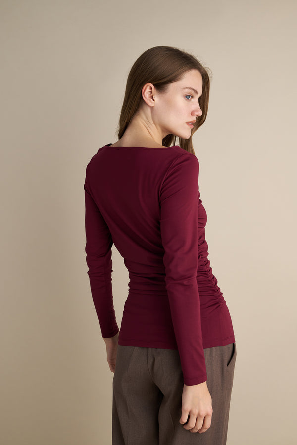 Long Sleeve Top With Side Rushed Details Burgundy