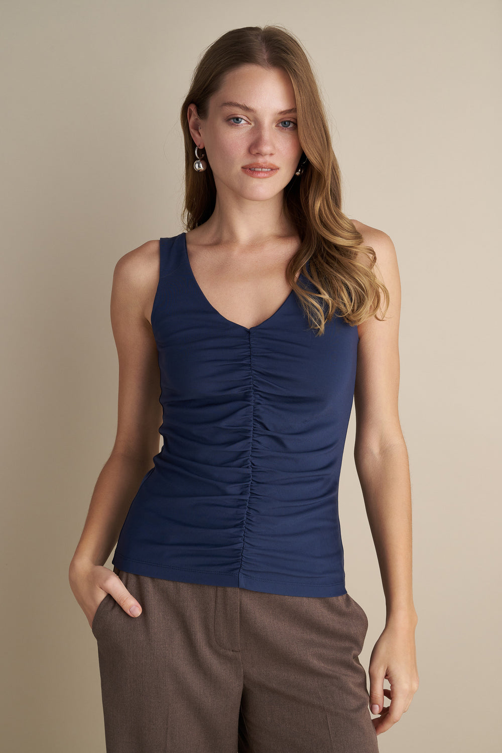 Sleeveless V-Neck Top With Rushed Center Design Indigo
