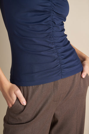 Sleeveless V-Neck Top With Rushed Center Design Indigo
