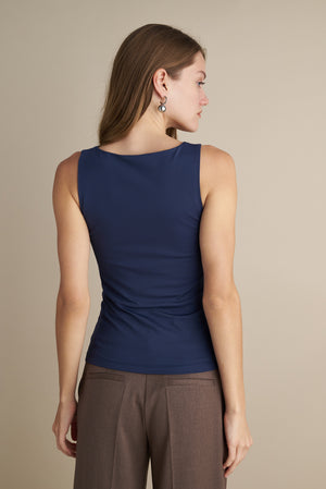Sleeveless V-Neck Top With Rushed Center Design Indigo
