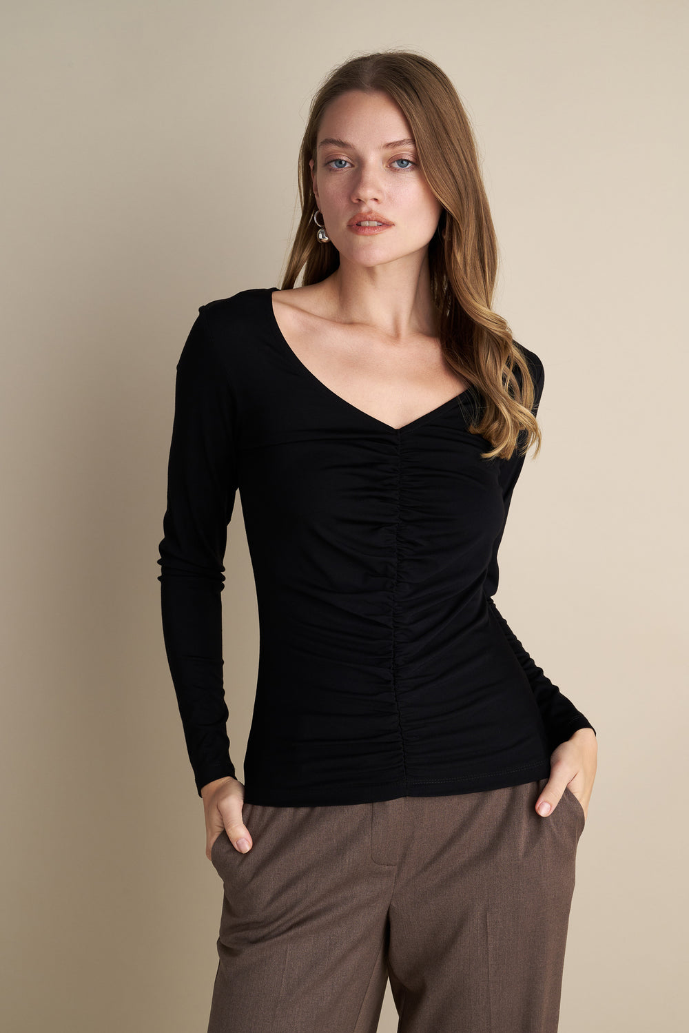 V-Neck Long Sleeve Top With Rushed  Front Design Black