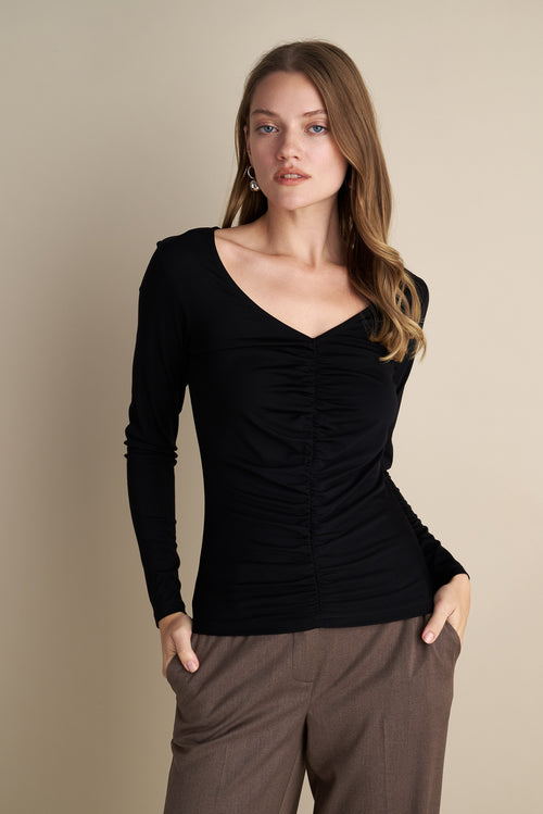 V-Neck Long Sleeve Top With Rushed  Front Design Black