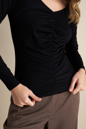 V-Neck Long Sleeve Top With Rushed  Front Design Black