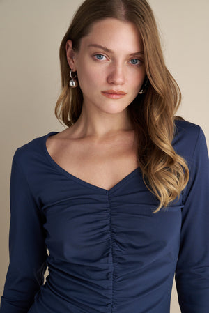 V-Neck Long Sleeve Top With Rushed  Front Design Indigo