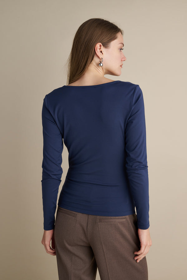 V-Neck Long Sleeve Top With Rushed  Front Design Indigo