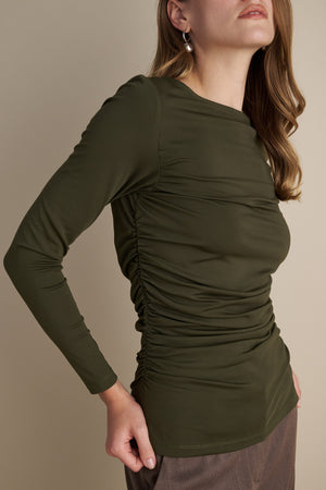 Long Sleeve Top With Side Rushed Details Khaki