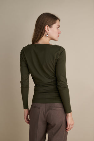 Long Sleeve Top With Side Rushed Details Khaki