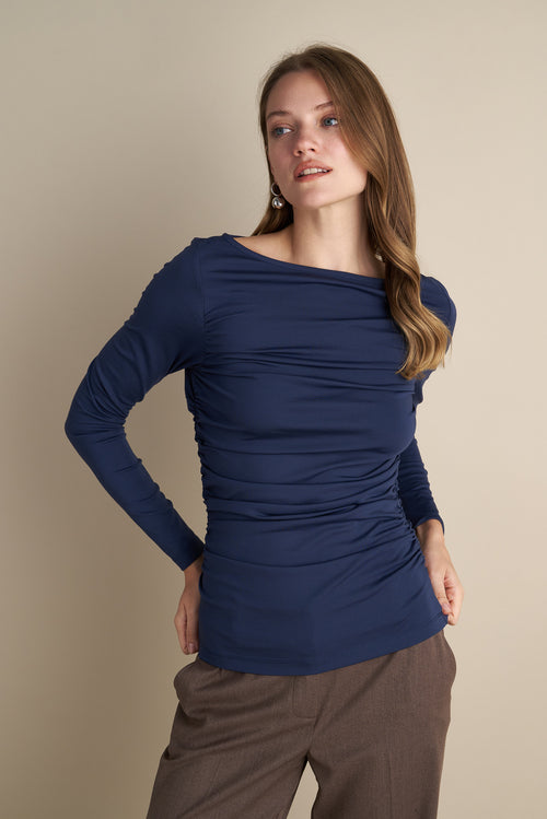 Long Sleeve Top With Side Rushed Details Indigo