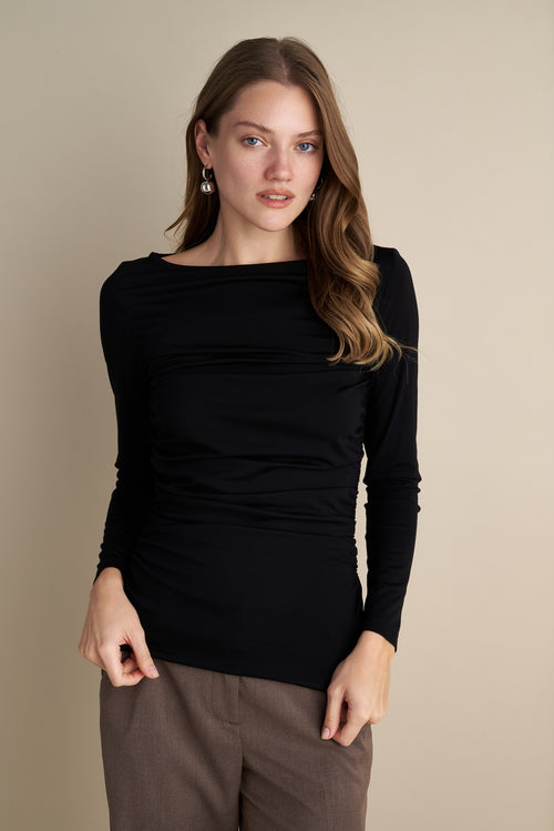 Long Sleeve Top With Side Rushed Details Black