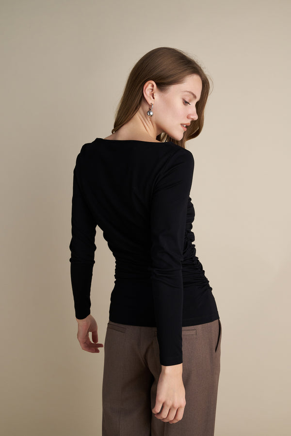 Long Sleeve Top With Side Rushed Details Black