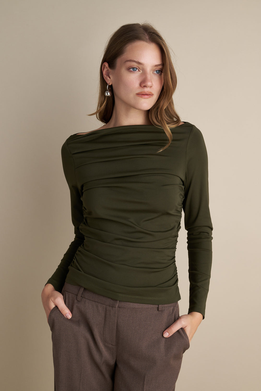 Long Sleeve Top With Pleat Neckline Details Olive