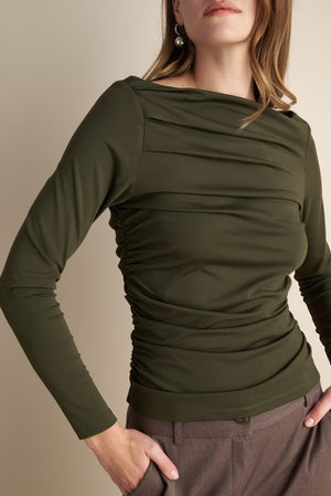 Long Sleeve Top With Pleat Neckline Details Olive
