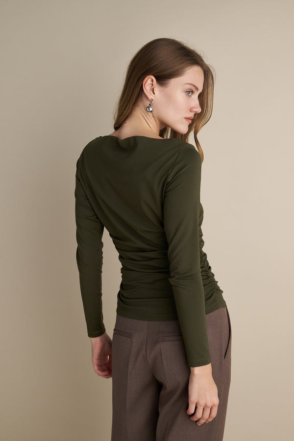 Long Sleeve Top With Pleat Neckline Details Olive