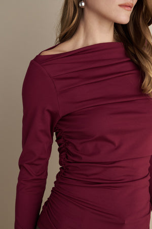 Long Sleeve Top With Pleat Neckline Details Burgundy