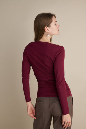 Long Sleeve Top With Pleat Neckline Details Burgundy