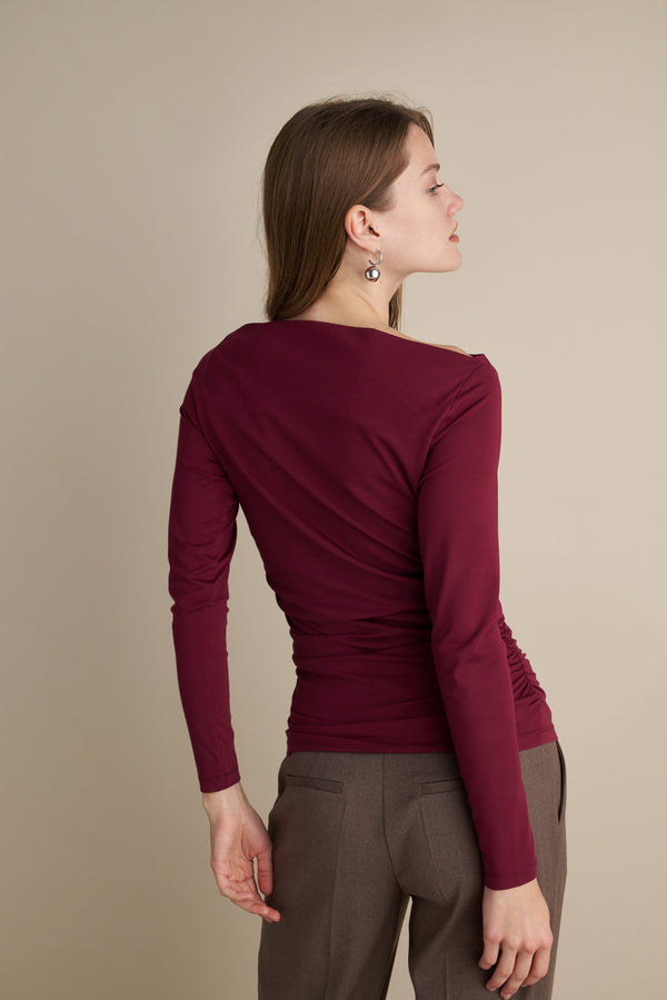 Long Sleeve Top With Pleat Neckline Details Burgundy