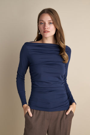 Long Sleeve Top With Pleat Neckline Details Indigo