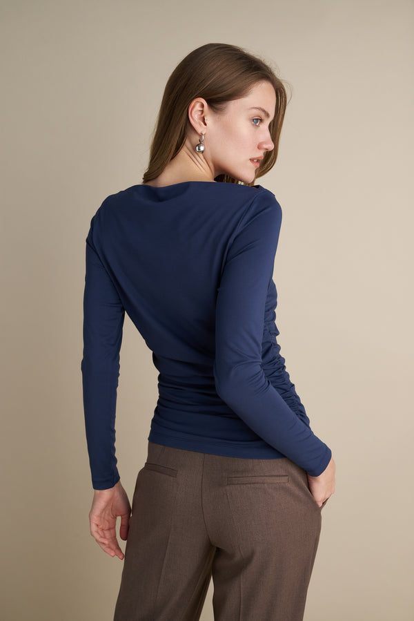 Long Sleeve Top With Pleat Neckline Details Indigo