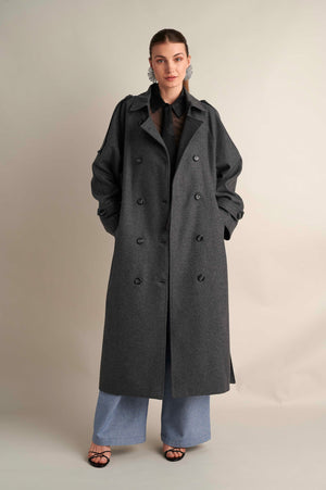 Wool Blend Trench with Cape Detail Grey