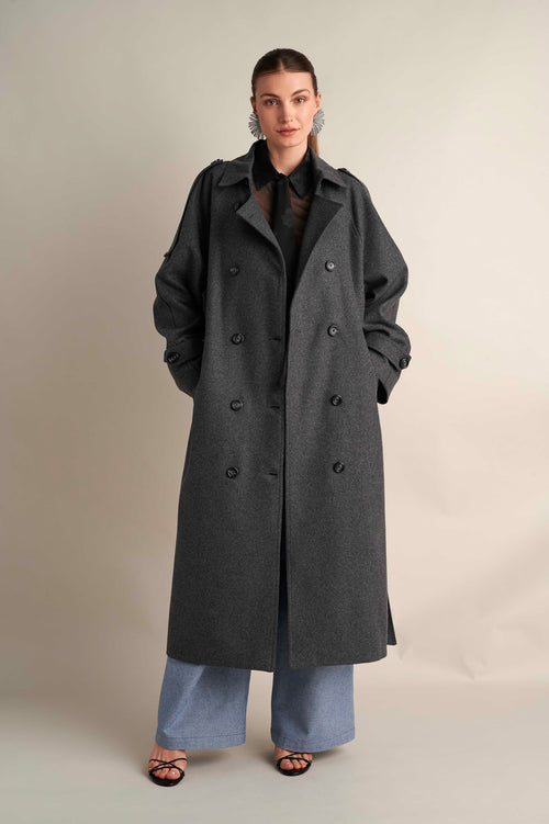 Wool Blend Trench with Cape Detail Grey