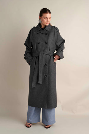 Wool Blend Trench with Cape Detail Grey
