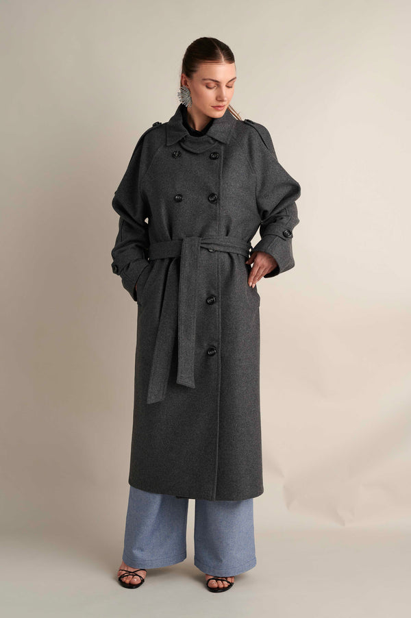 Wool Blend Trench with Cape Detail Grey