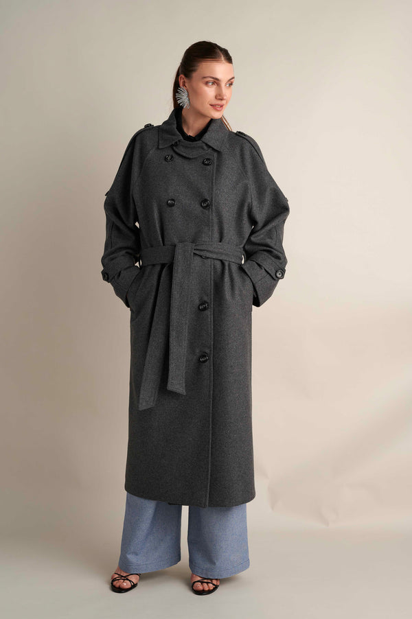 Wool Blend Trench with Cape Detail Grey