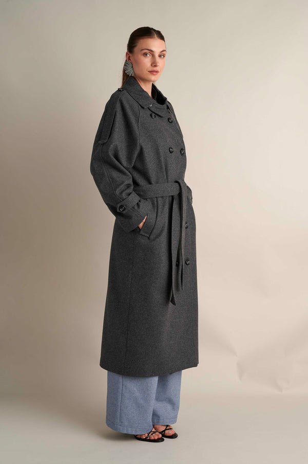 Wool Blend Trench with Cape Detail Grey