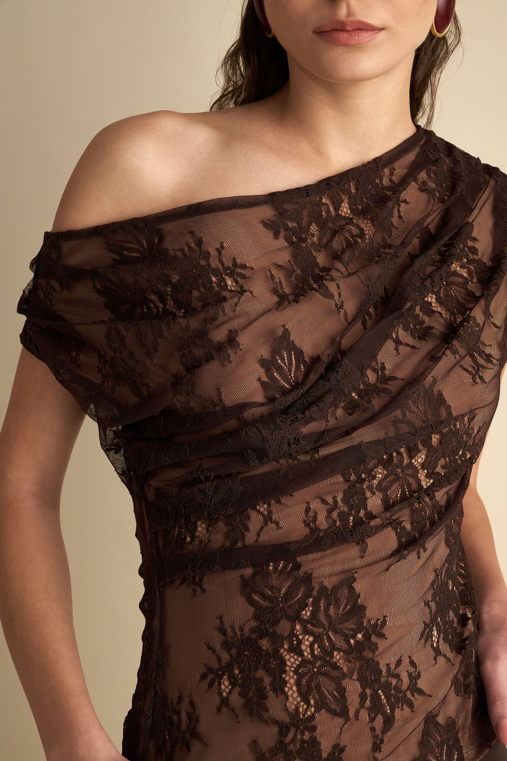 Drape Off Shoulder Lace Top Brown