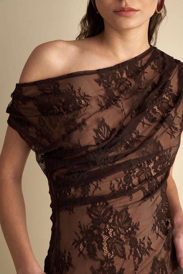 Drape Off Shoulder Lace Top Brown