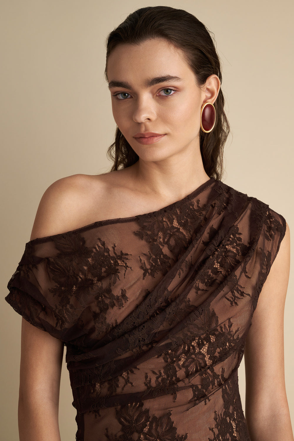 Drape Off Shoulder Lace Top Brown