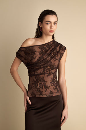 Drape Off Shoulder Lace Top Brown