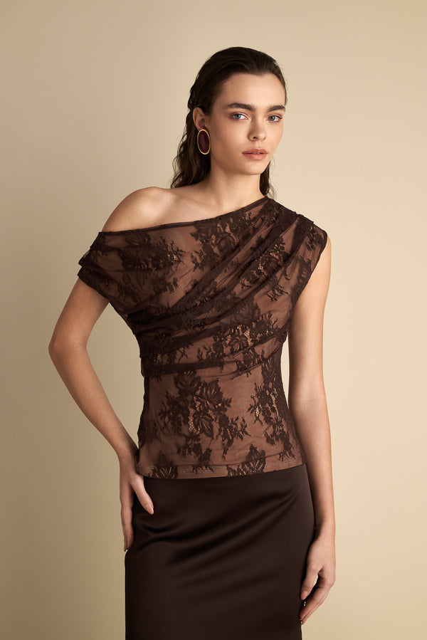 Drape Off Shoulder Lace Top Brown