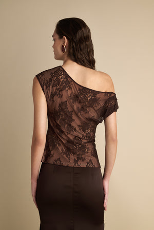 Drape Off Shoulder Lace Top Brown