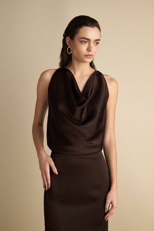 Satin Cowl Neck Top Espresso