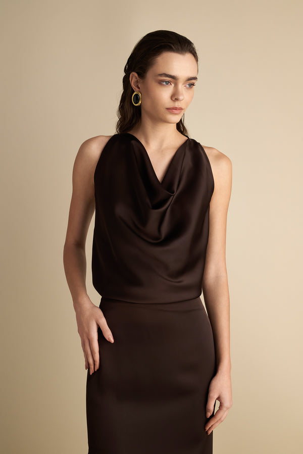 Satin Cowl Neck Top Espresso