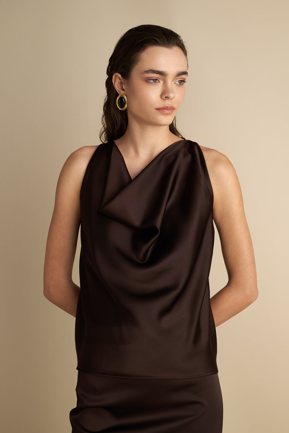 Satin Cowl Neck Top Espresso