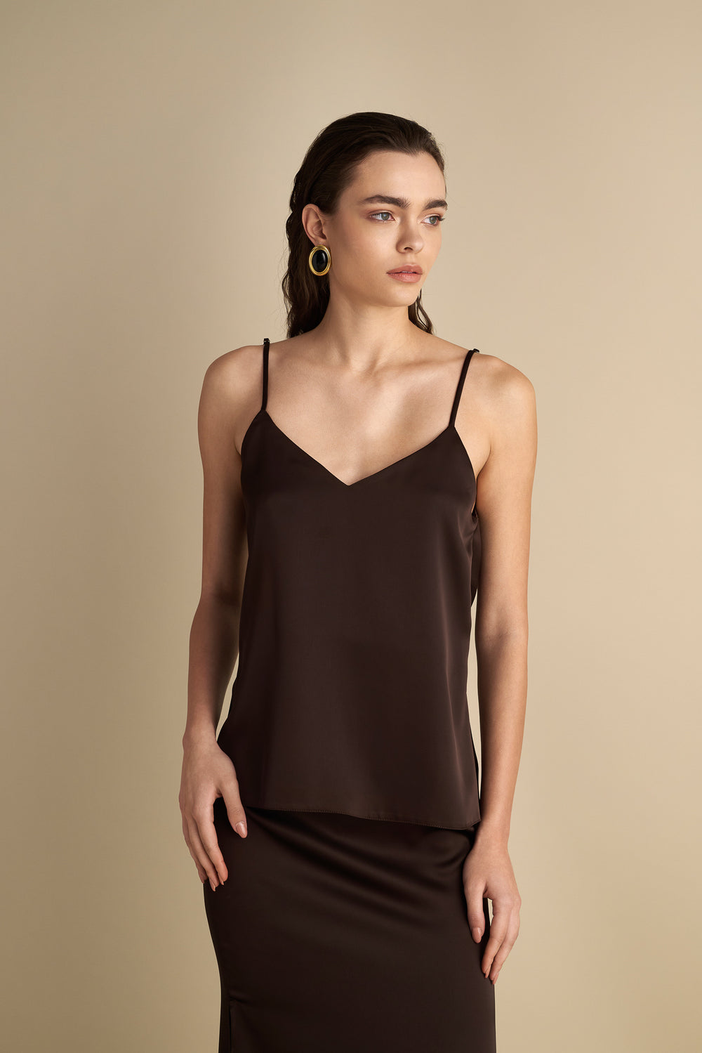 V-Neck Drape Satin Top Brown
