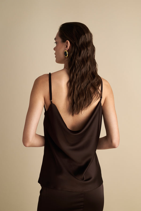 V-Neck Drape Satin Top Brown