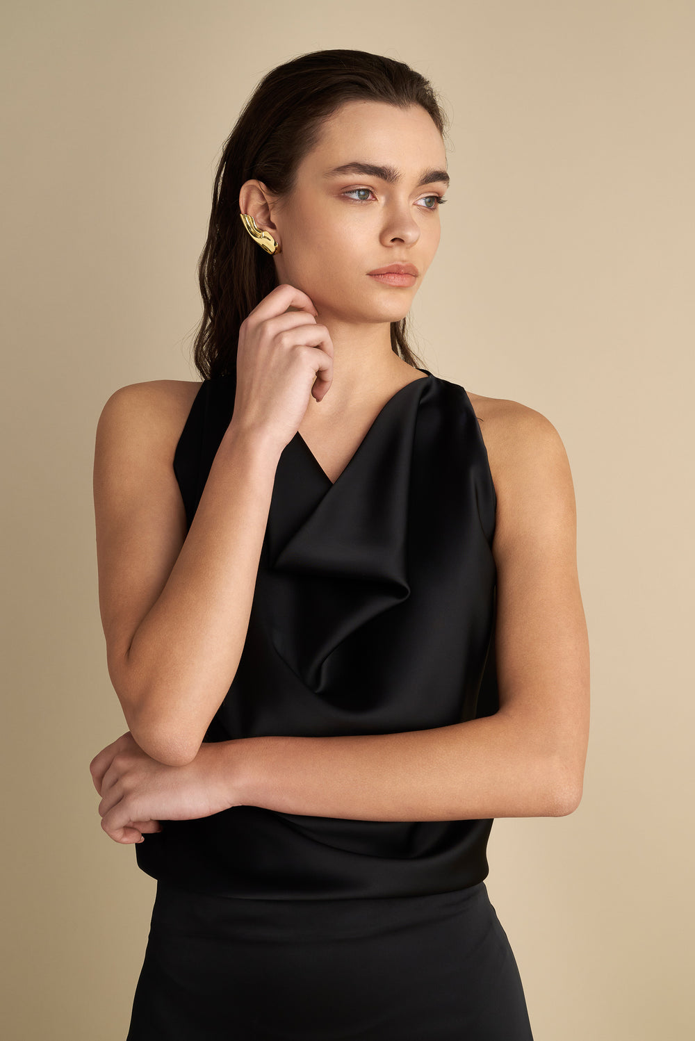 Satin Cowl Neck Top Black