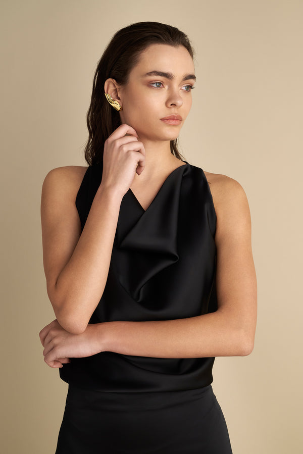 Satin Cowl Neck Top Black