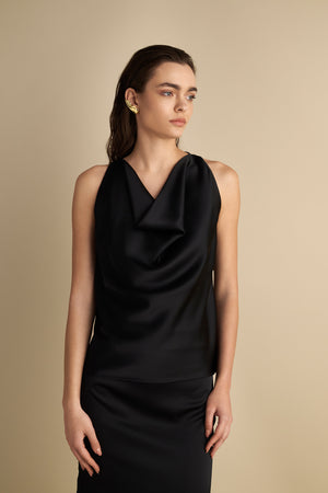 Satin Cowl Neck Top Black