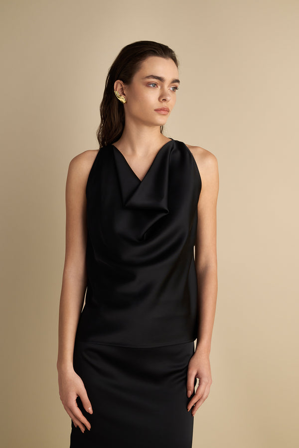 Satin Cowl Neck Top Black