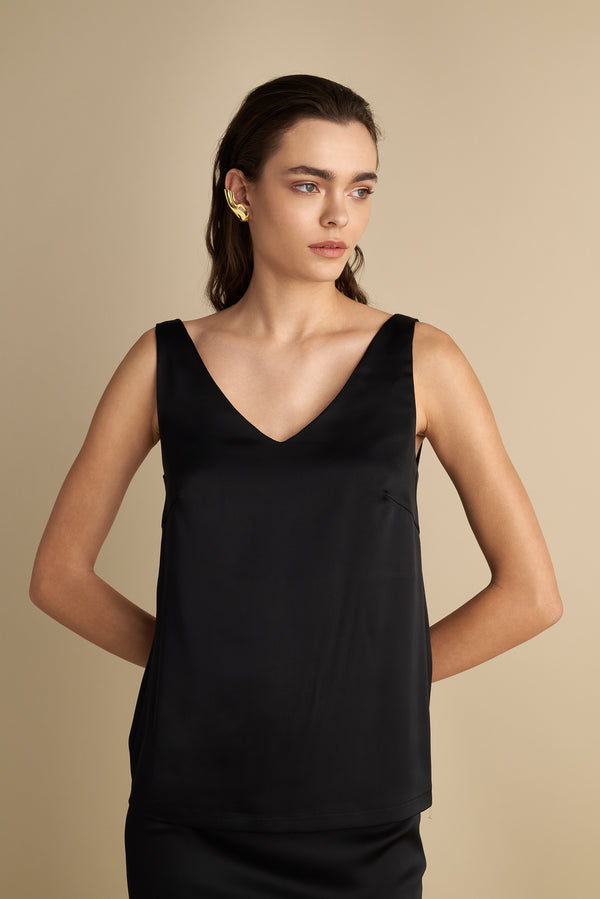 V-Front & Back Satin Top Black
