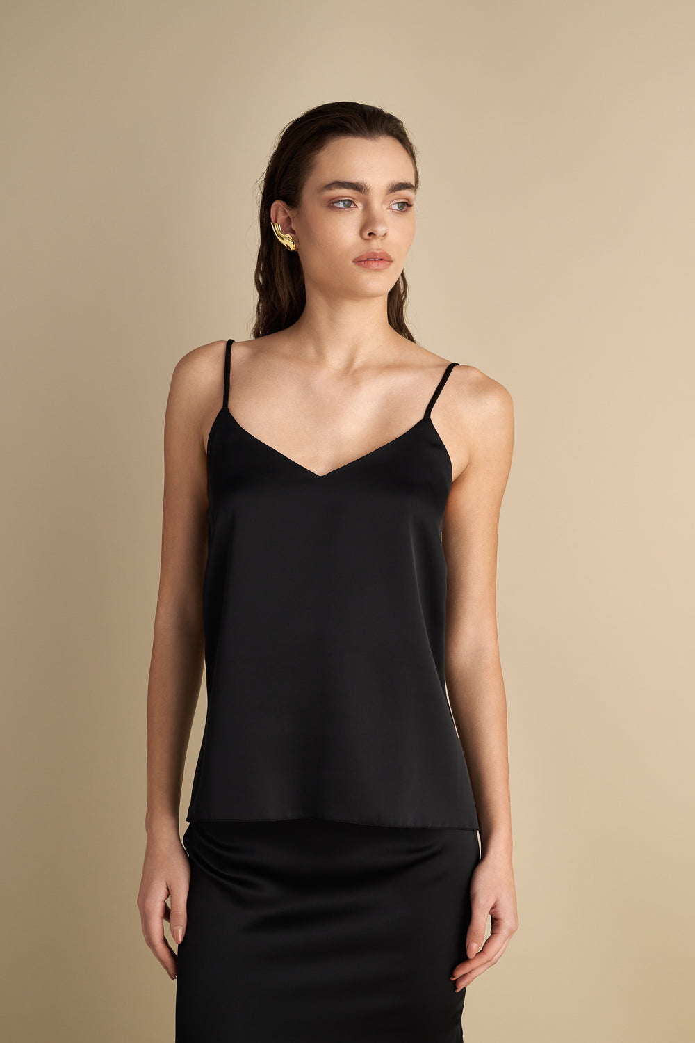 V-Neck Drape Satin Top Black