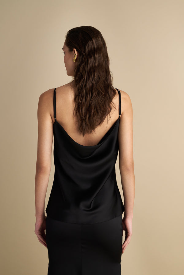 V-Neck Drape Satin Top Black