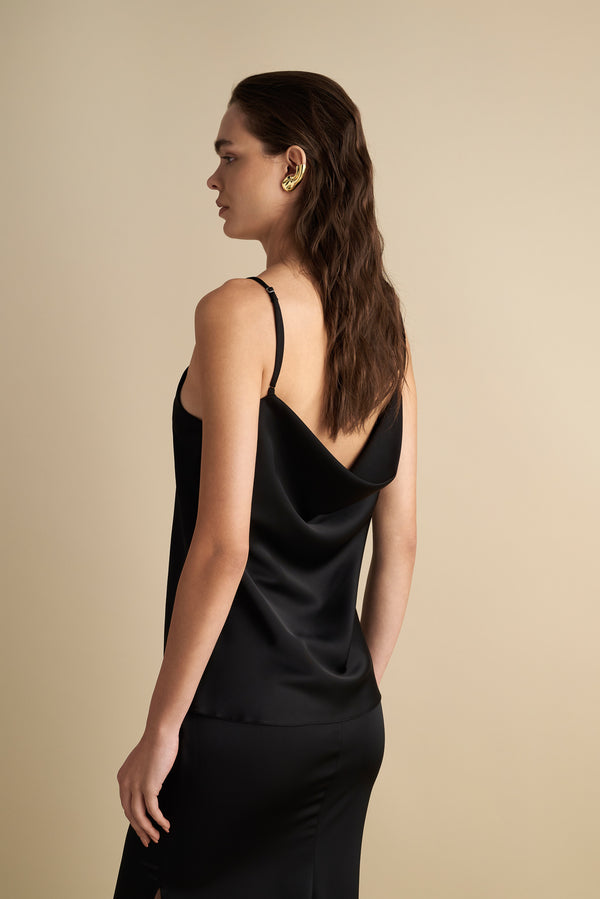 V-Neck Drape Satin Top Black