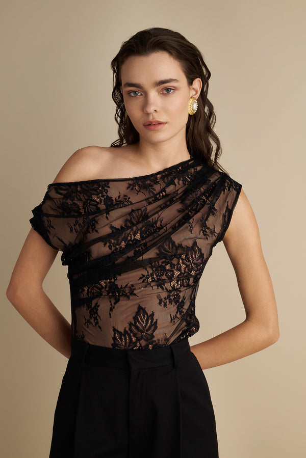 Drape Off Shoulder Lace Top Black