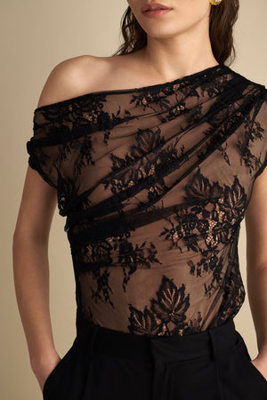 Drape Off Shoulder Lace Top Black