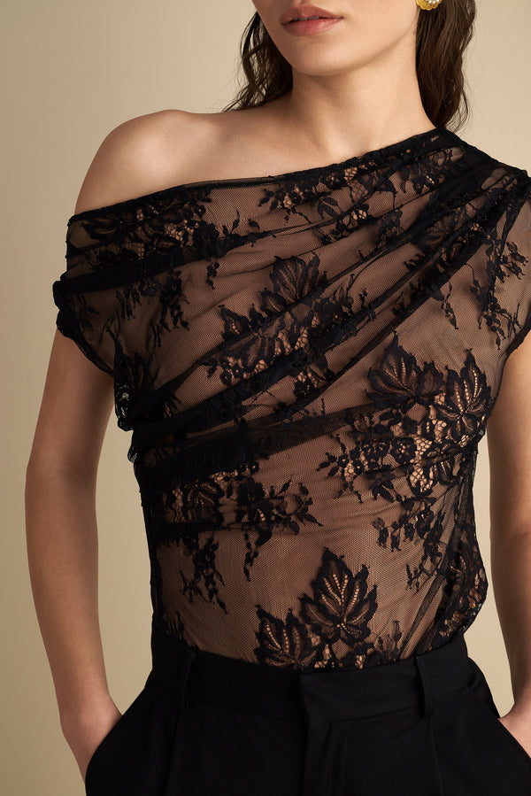 Drape Off Shoulder Lace Top Black